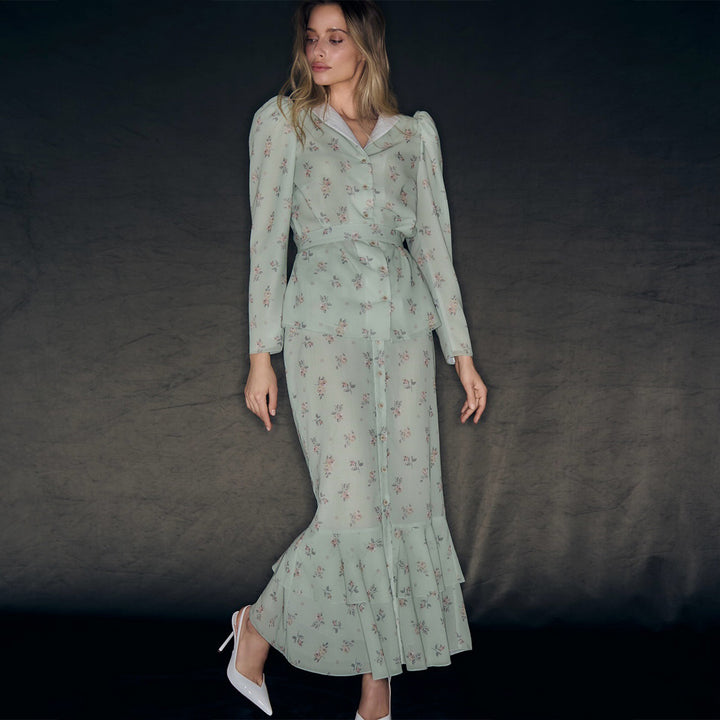 Damen Blütenmuster Maxikleid mit Puffärmeln Drune