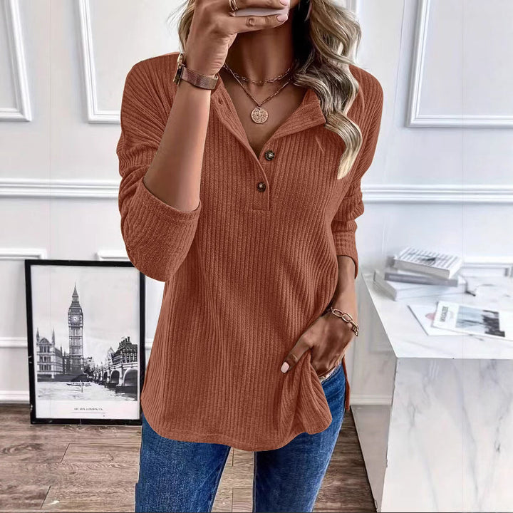 Damen Freizeit-Ripp-Pullover mit Knopfleiste und 3/4-Ärmeln Drune