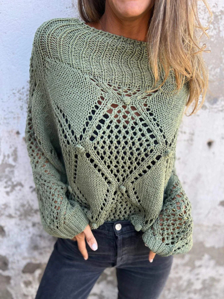 Damen luftiger Strickpullover mit einzigartigem Häkelmuster Drune