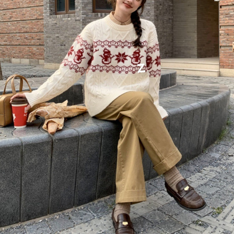 Damen Weihnachts-Pullover mit festlichem Zopfmuster und Schneemann-Motiv Drune