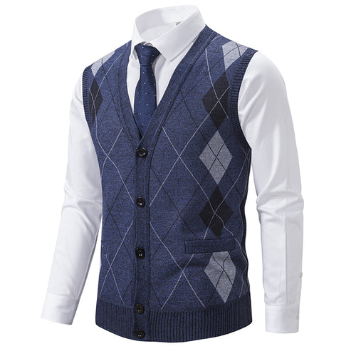 Herren nan ärmellose Strickweste mit Argyle-Muster, Teddyfutter und durchgehender Knopfleiste Drune