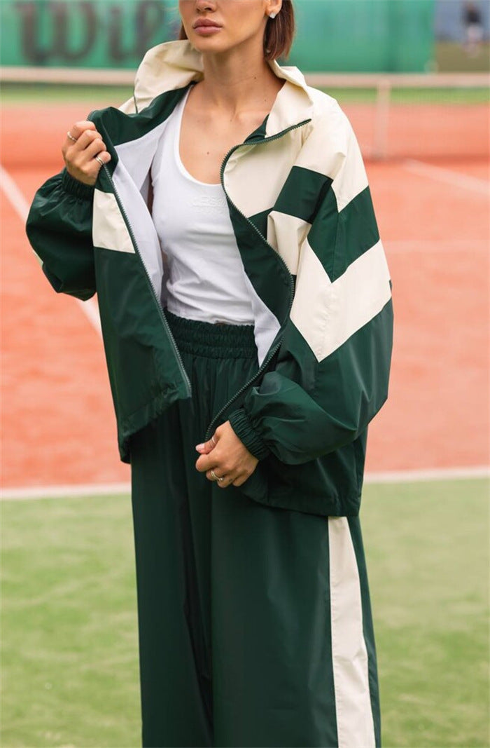 Damen sportlicher Windbreaker-Anzug mit hochgeschlossenem Kragen und trendigen Farbakzenten Drune