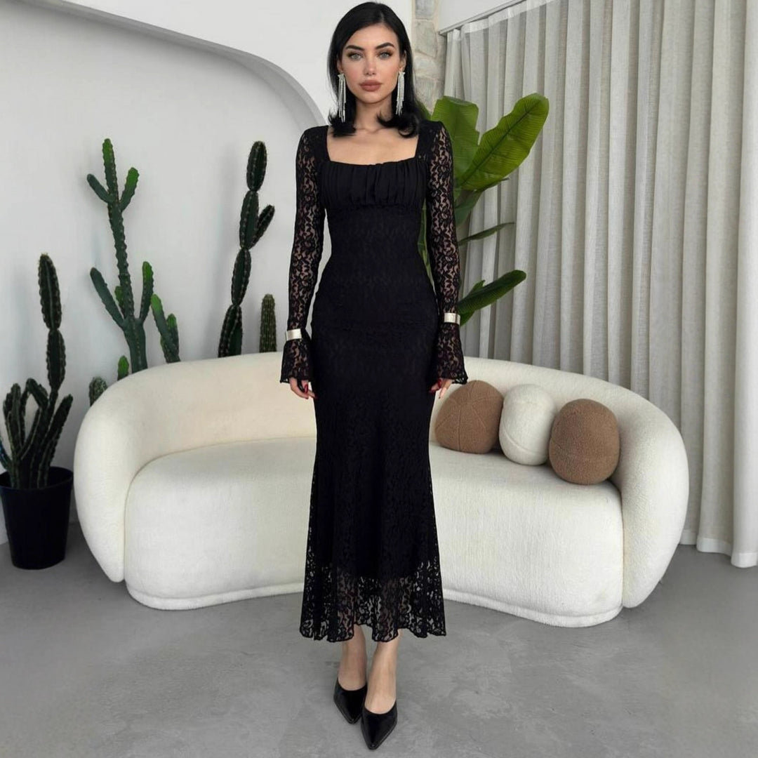 Damen elegantes Spitzenkleid mit langem Arm und figurbetontem Schnitt Drune