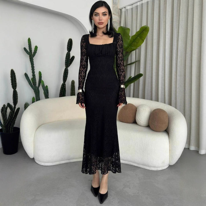 Damen elegantes Spitzenkleid mit langem Arm und figurbetontem Schnitt Drune