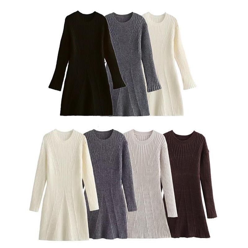 Damen Strickkleid mit modischem Rippenmuster und weit ausgestellten Ärmeln Drune
