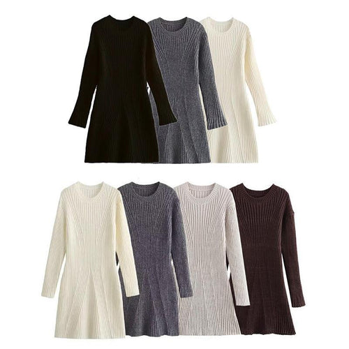 Damen Strickkleid mit modischem Rippenmuster und weit ausgestellten Ärmeln Drune