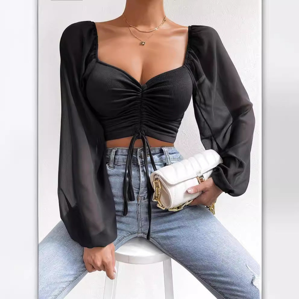 Damen Crop-Top mit strukturiertem Körper und eleganten Puffärmeln Drune