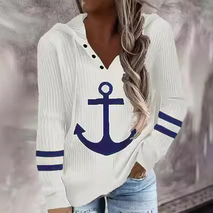 Damen Kapuzenpullover mit maritimem Anker-Design und feiner Rippstruktur Drune