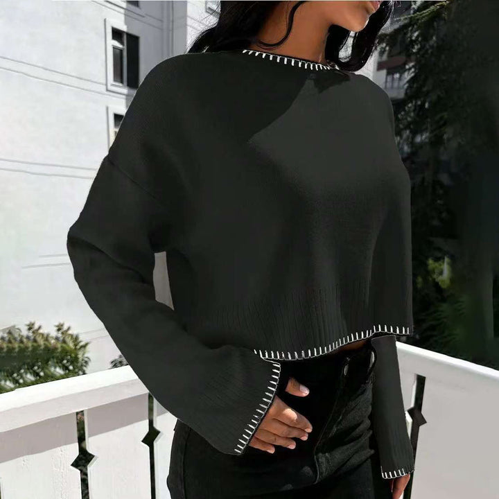Damen cropped Strickpullover mit breitem Bund und dekorativem Detail Drune