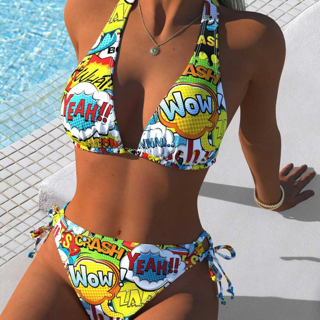 Damen Triangel-Bikini mit kreativem Comic-Print und verstellbaren seitlichen Bindebändern Drune