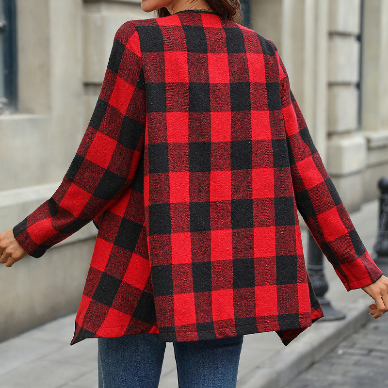 Damen karierte Strickjacke mit asymmetrischem Saum und offenem Vorderteil Drune
