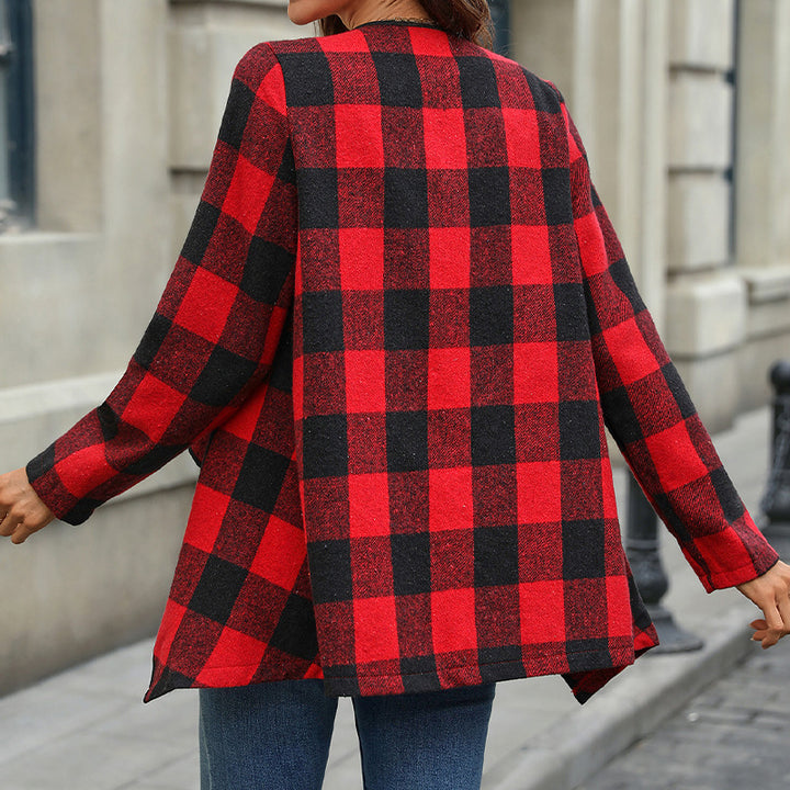 Damen karierte Strickjacke mit asymmetrischem Saum und offenem Vorderteil Drune