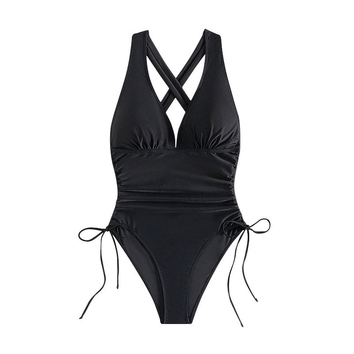 Damen Eleganter V-Ausschnitt Badeanzug mit seitlichen Bindebändern Drune
