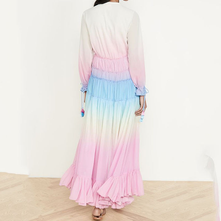 Damen Boho Maxikleid mit voluminösem Rock und Rüschen Drune