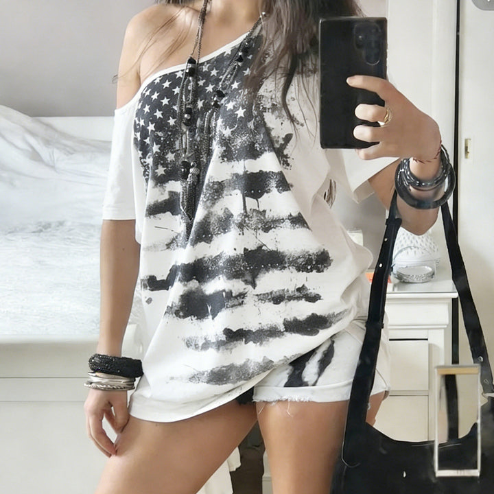 Damen Oversized T-Shirt mit asymmetrischem Schnitt und grafischem Sterneprint Drune