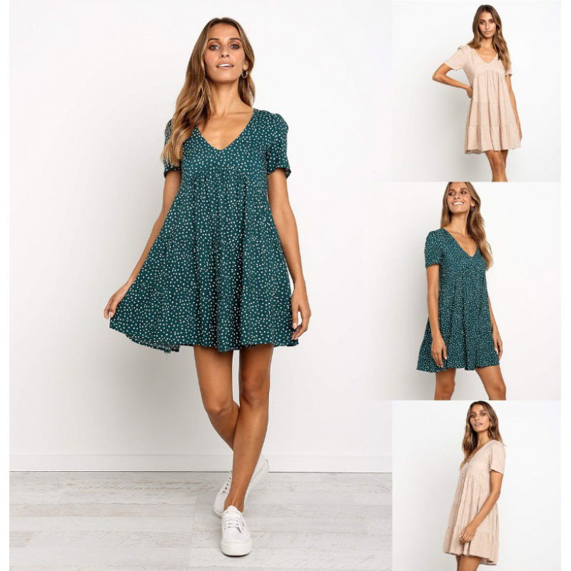 Damen verspieltes Kurzarm-Baumwollkleid mit voluminösem Rock Drune