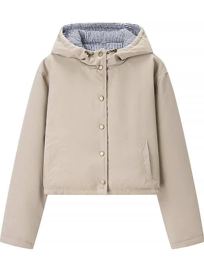 Damen stylische Übergangsjacke mit Kapuze und Druckknopfverschluss Drune