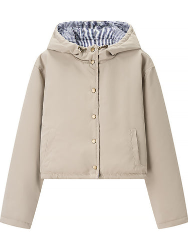 Damen stylische Übergangsjacke mit Kapuze und Druckknopfverschluss Drune