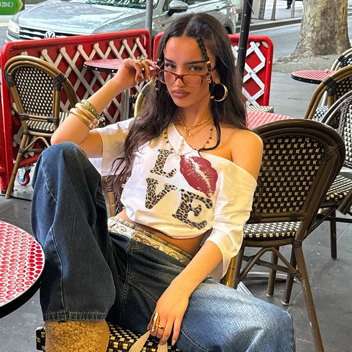 Damen lässiges Print-Shirt mit weitem Ausschnitt Drune