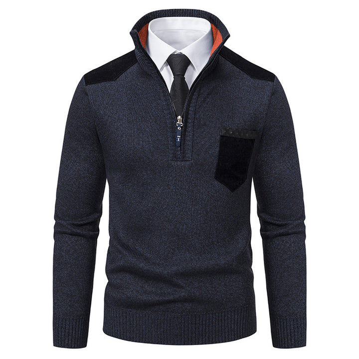 Herren nan Feinstrick-Halbzip-Pullover mit Stehkragen, Brusttasche und Schulterbesatz Drune