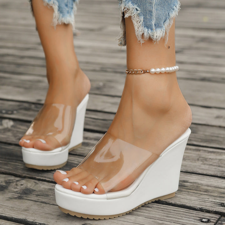 Damen nan transparente Mules mit PVC-Deckriemen, hohem Keilabsatz und rutschfester Laufsohle Drune