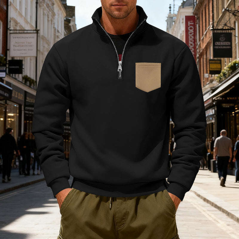 Herren modischer Sweatshirt mit halbem Reißverschluss und aufgesetzter Tasche Drune