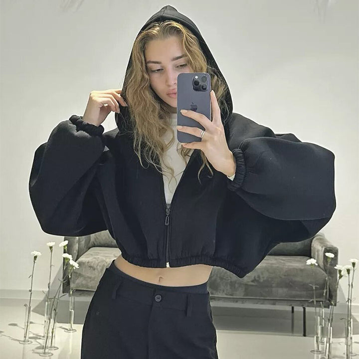 Damen cropped Kapuzenpullover mit voluminösen Ärmeln Drune