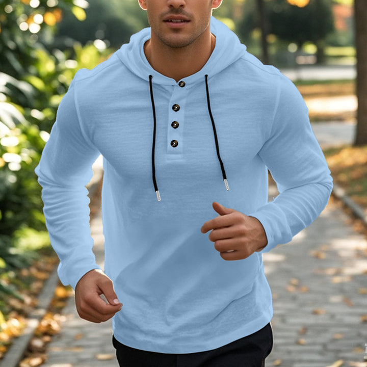 Herren nan athletisches Henley-Kapuzenpullover mit knöpfbarer Brustleiste, kontrastierenden Zugbändern und körpernaher Stretch-Passform Drune