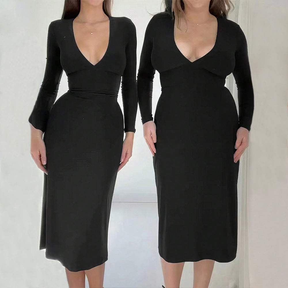 Damen elegantes Midi-Kleid mit tiefem V-Ausschnitt und langem Arm Drune