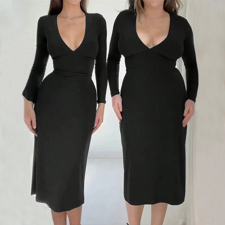 Damen elegantes Midi-Kleid mit tiefem V-Ausschnitt und langem Arm Drune