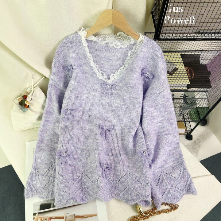 Damen modischer Strickpullover mit verspielten Schleifenapplikationen Drune