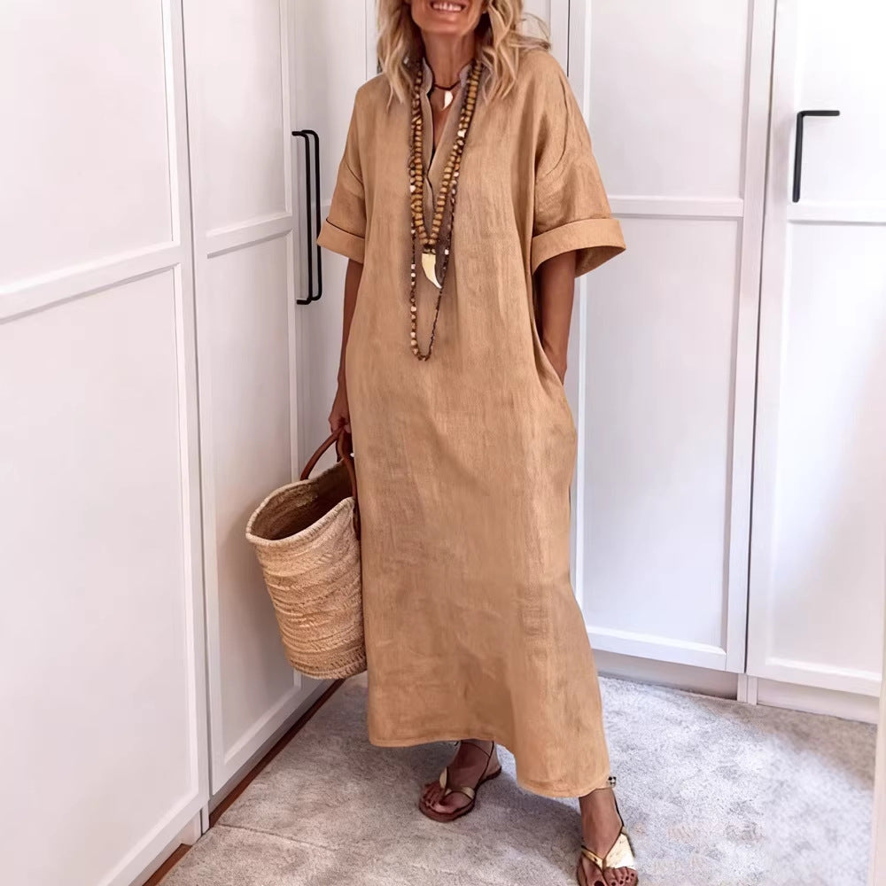 Damen Leinen Maxikleid mit V-Ausschnitt und praktischen Taschen Drune