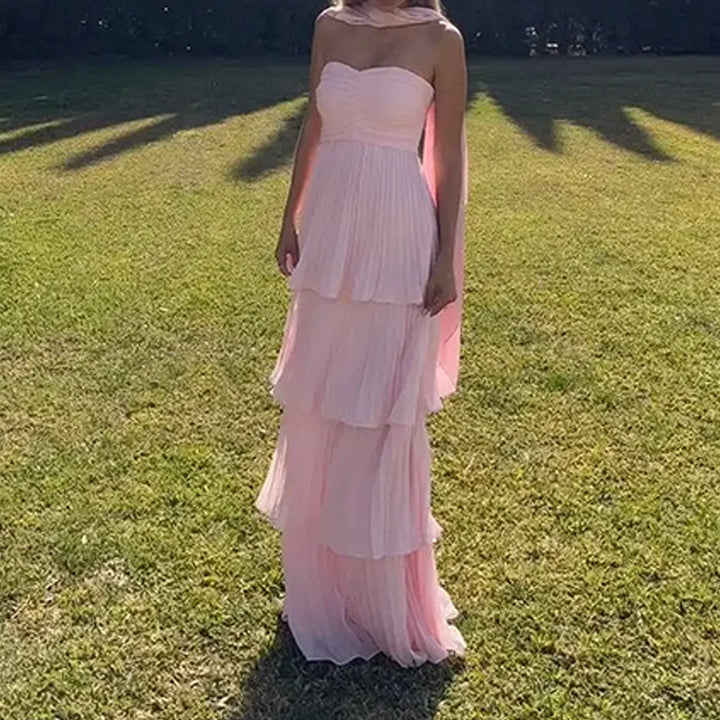 Damen Bodenlanges Rüschen-Maxikleid mit schulterfreiem Schnitt und fließendem Material Drune