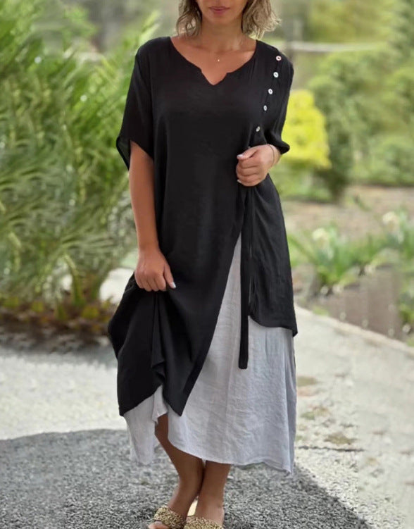 Damen nan zweilagiges Hemdkleid mit asymmetrischem Lagenrock, seitlicher Zierknopfleiste und Tunnelzug Drune