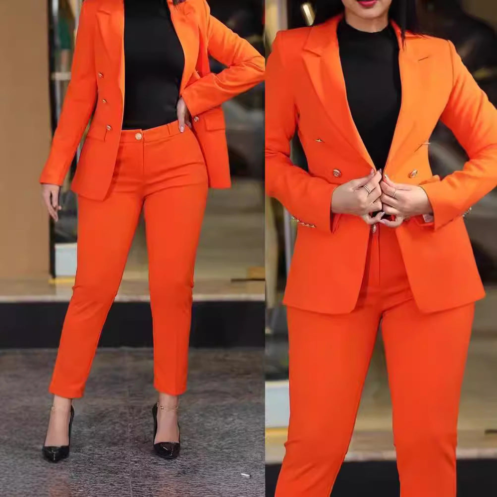 Damen moderner Blazer-Hosenanzug mit exklusiven Knopfdetails Drune
