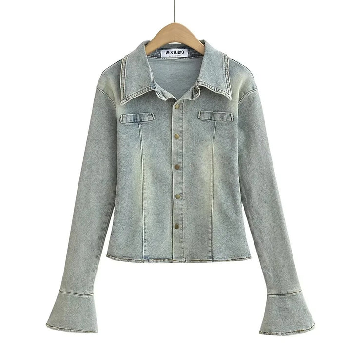 Damen Jeanshemd mit modischen Glockenärmel und aufgesetzten Taschen Drune