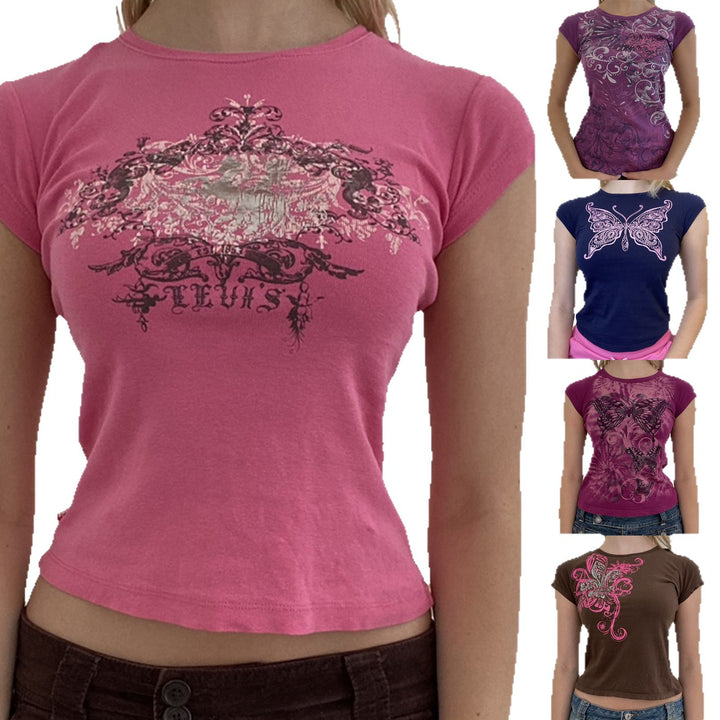 Damen lässiges Grafik-Crop-Top mit Rundhals-Ausschnitt Drune