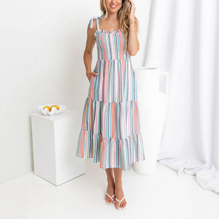 Damen lässiges Sommerkleid mit Rüschendetails und buntem Streifenmuster Drune
