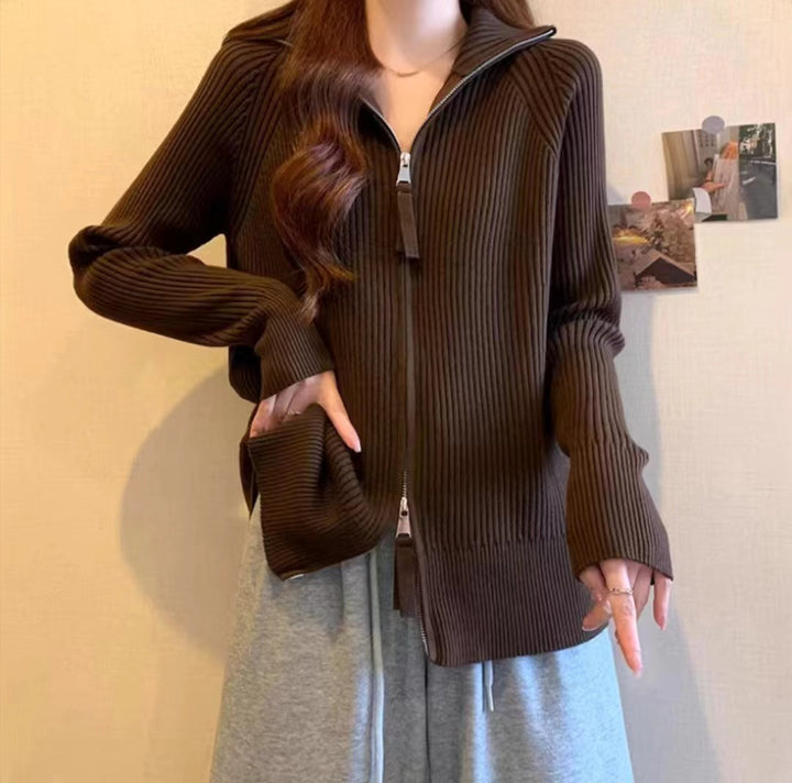 Damen Strickjacke mit hohem Stehkragen und Reißverschluss Drune