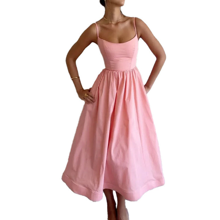 Damen Midi-Kleid mit schmalen Trägern und fließendem Rock Drune