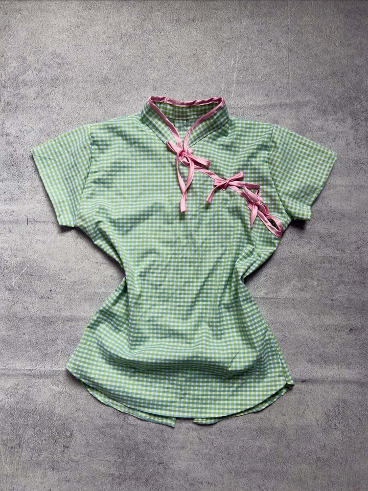 Damen Chinesisches Kurzarmhemd mit verspieltem Karomuster und dekorativen Schleifen Drune