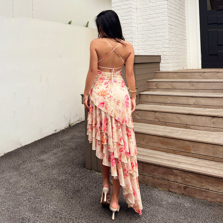 Damen Maxikleid mit floralem Rüschenmuster und trägerlosem Design Drune