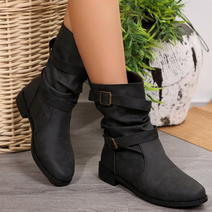 Damen nan lässige Slouch-Ankleboots mit zwei Zier-Riemen und dekorativen Metallschnallen Drune