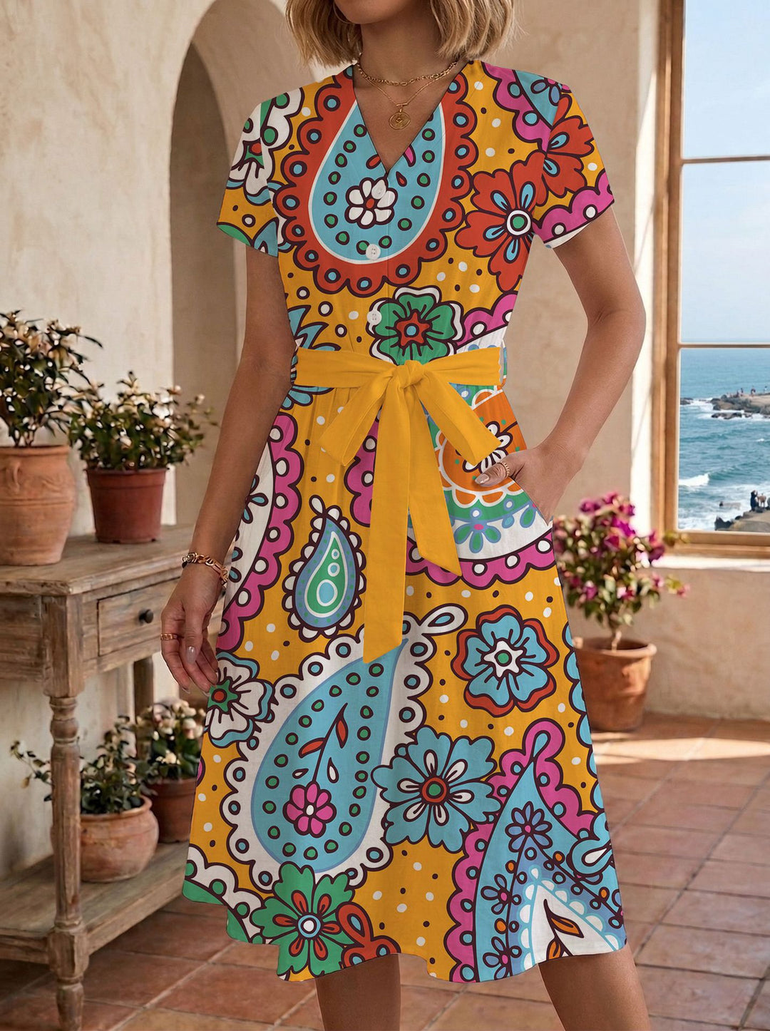 Damen lässiges Maxikleid mit taillierbarem Knoten und dekorativem Karomuster Drune