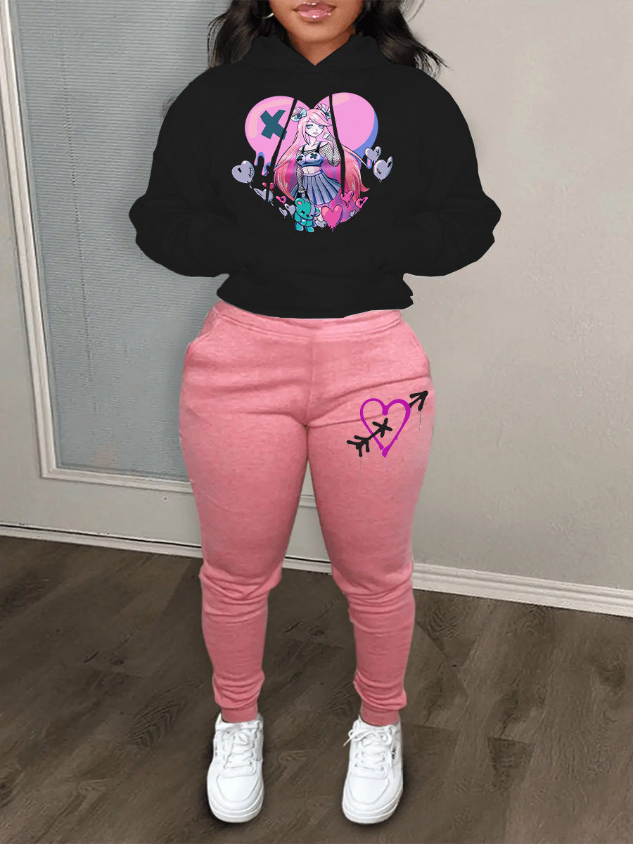 Damen Sportliches Hoodie- und Jogginghose-Set mit einzigartigem Grafikdesign Drune