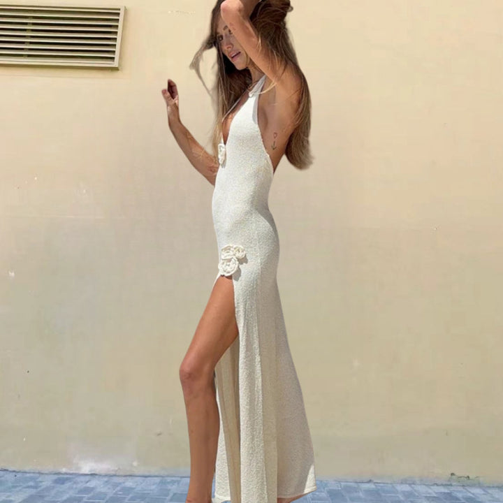 Damen Elegantes Maxikleid mit hohem Schlitz und dekorativen Blumenapplikationen Drune
