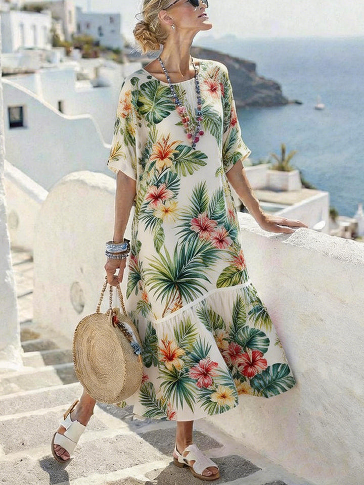 Damen Sommermaxikleid mit grafischem Muster und voluminösem Saum Drune