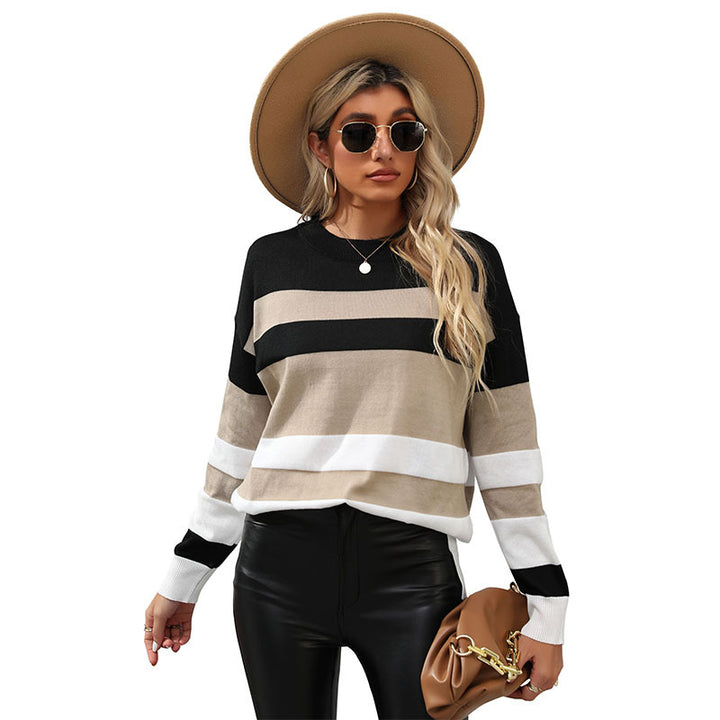 Damen gestreifter Pullover mit lässigem Schnitt und modischen Kontrastdetails Drune