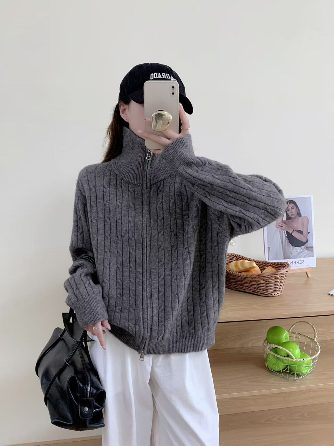 Damen Strickjacke mit modernem Zipper und dekorativem Kabelmuster Drune