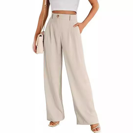 Damen weite High-Waist Stoffhose mit seitlichen Eingrifftaschen Drune